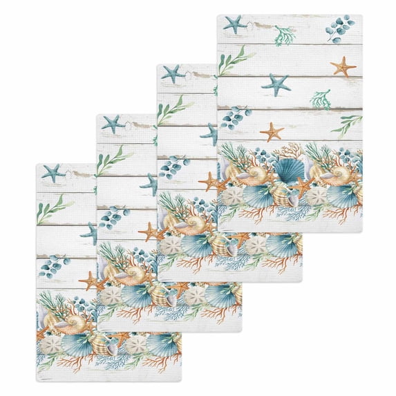 Vintage Beach Coastal Kitchen Dish Towels for Drying Dishes Set of 4, Nautical Shell Starfish Coral Summer Waffle Weave Microfiber Hand Tea Bathroom Towels Quick Dry & Absorbent Towel 15.7x23.6