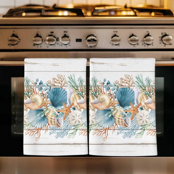 Vintage Beach Coastal Kitchen Towels Set of 1, Nautical Shell Starfish Coral Summer Absorbent Dish Towels for Kitchen, Microfiber Hand Towel, Quick Drying Tea Towel for Cleaning Decorative Dishcloths