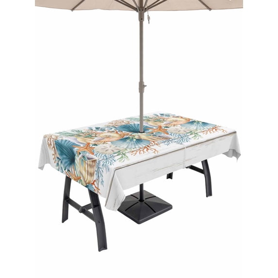 Vintage Beach Coastal Outdoor Tablecloth - 52x70 Inch Rectangle Dining Table Cover, Nautical Shell Starfish Coral Summer Waterproof Outdoor Table Cloth with Umbrella Hole & Zipper for Picnic/Patio