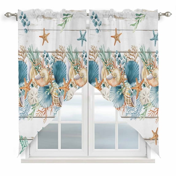 Vintage Beach Coastal Swag Curtains for Kitchen/Bedroom/Living Room, Nautical Shell Starfish Coral Summer Scalloped Curtains 63 Inch Long, Window Swag Topper Curtains Valances 2 Panels Set 36"x63"