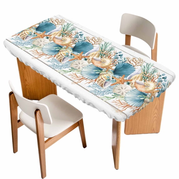 Vintage Beach Coastal Table Cloths for 5 Foot Rectangle Tables, Nautical Shell Starfish Coral Summer Patio Waterproof Elastic Fitted Tablecloths, Washable Rectangular Table Cover for Camping