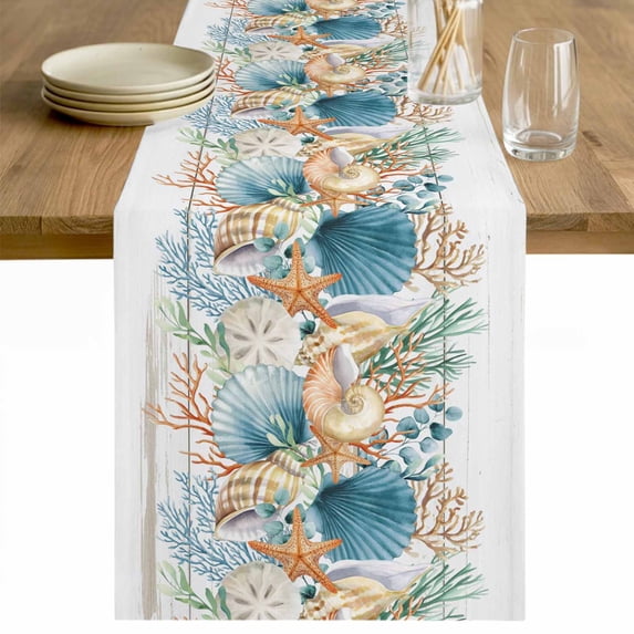 Vintage Beach Coastal Table Runner - 70 Inch Long Nautical Shell Starfish Coral Summer Cotton and Linen Blended Dress Scarves Farmhouse Table Runner for Kitchen Dining, Coffee Table, 13" x 70"