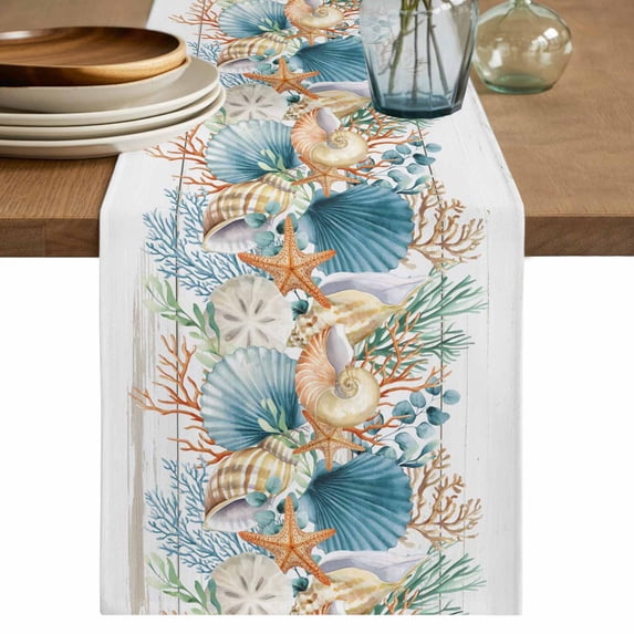 Vintage Beach Coastal Table Runner 72 Inches, Nautical Shell Starfish Coral Summer Bed Runner Dresser Scarves Tabletop for Indoor Outdoor Parties/Ceremony/Banquet, 14" x 72"