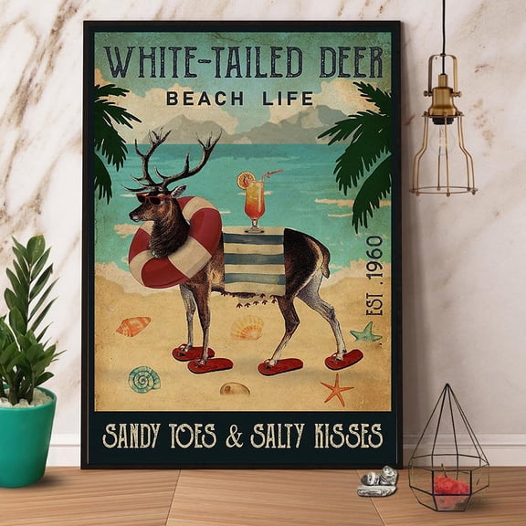 Vintage Beach Cocktail Life White-Tailed Deer Beach Life Paper Poster No Frame Matte Wall Art Decor 11 x 17 Inch Poster