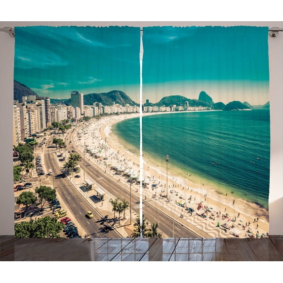 Ambesonne Vintage Beach Curtains 2 Panel Set, Copacabana Beach Art, 108" x 84", Multicolor