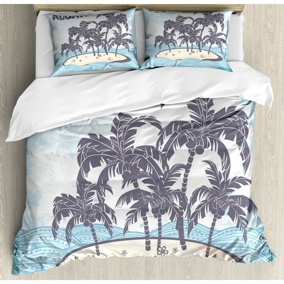 Vintage Beach Duvet Cover Set, Illustration Aloha Themed Hawaiian Island Palm Trees, Decorative 3 Piece Bedding Set with 2 Pillow Shams, Calking Size, Pale Blue Purpleblue, by Ambesonne