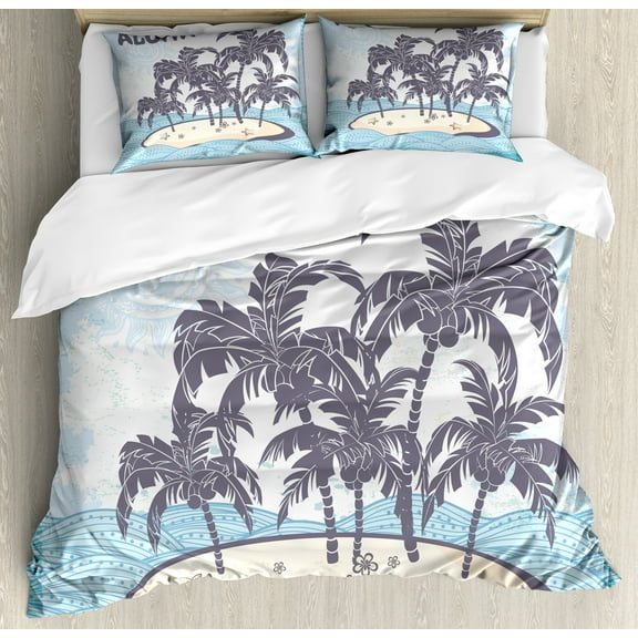 Vintage Beach Duvet Cover Set, Illustration Aloha Themed Hawaiian Island Palm Trees, Decorative 3 Piece Bedding Set with 2 Pillow Shams, Queen Size, Pale Blue Purpleblue, by Ambesonne