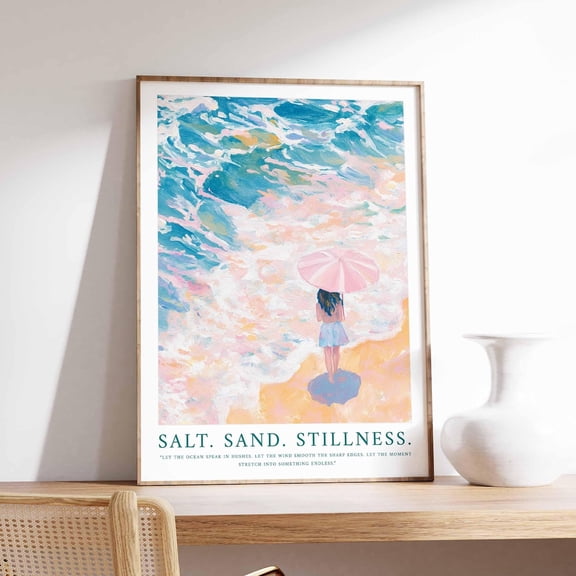 Vintage Beach Girl with Pink Umbrella Coastal Wall Art Summer Decor, Unframed Poster