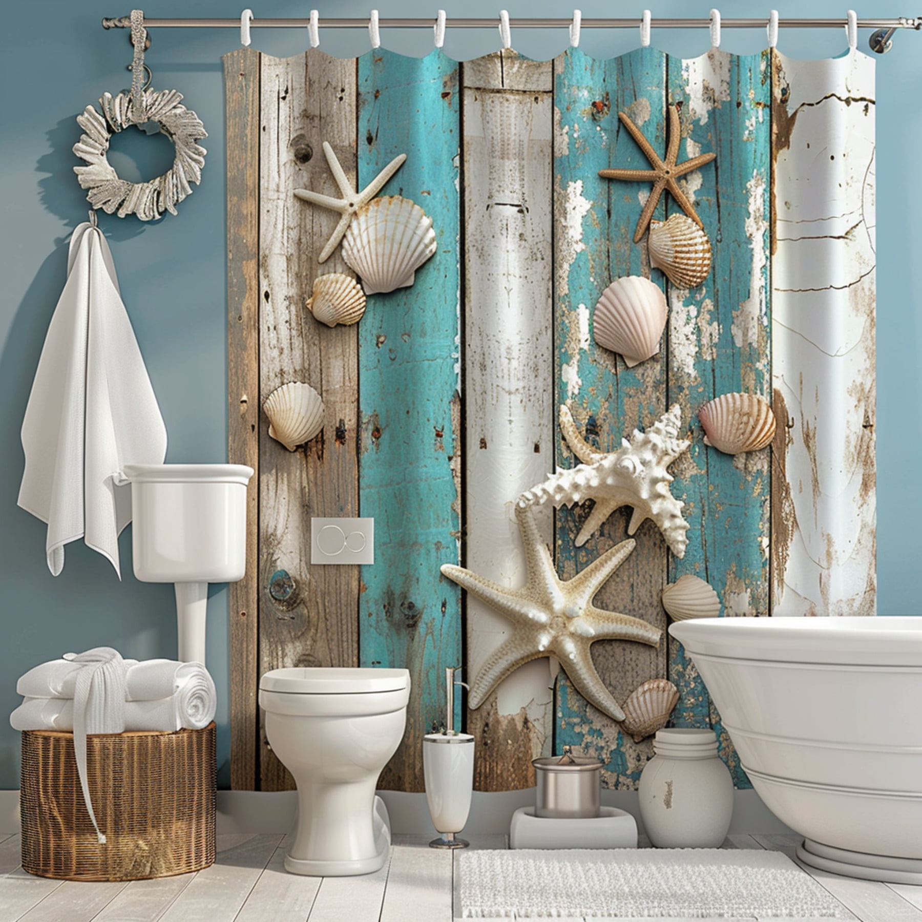 Vintage Beach House Bathroom Decor with Seashells and Starfish Teal