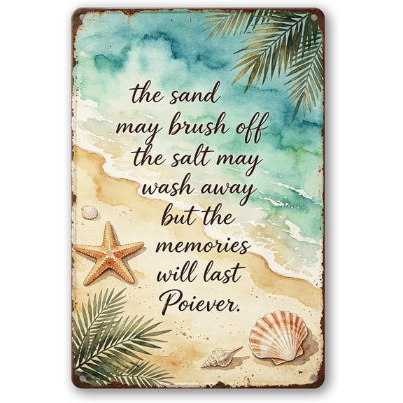 Vintage Beach Inspirational Quote Metal Tin Sign Watercolor Seaside Starfish Seashell Palm Leaf Wall Plaque Nautical Coastal Wall Decor For Beach House Bathroom Home Decoration