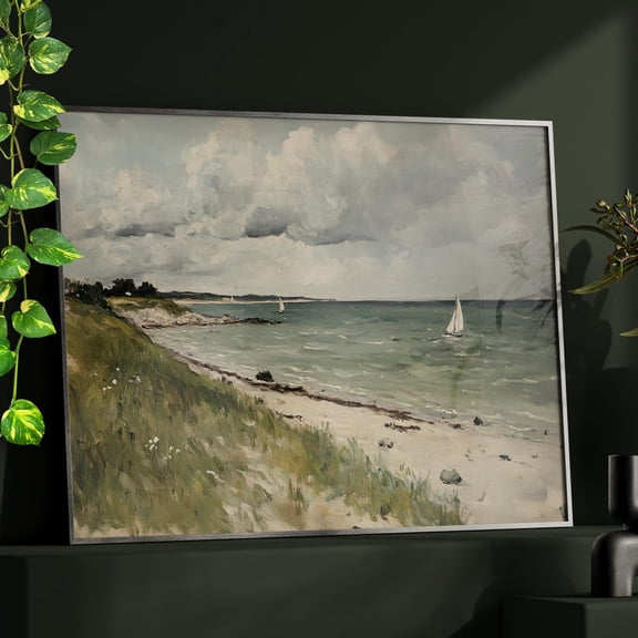 Vintage Beach Painting Poster Muted Seascape Beach House Decor Moody Summer Print Antique Coastal Art Cottagecore Decor Unframed Paper Print