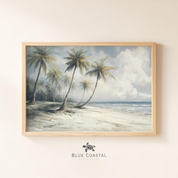Vintage Beach Scene Sandy Beach Print Topical Wall Art Soft Coastal Landscape Beach House Wall Decor Palm Tree Print, Unframed Paper Print