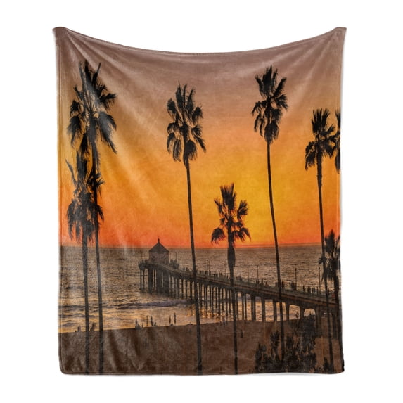 Vintage Beach Soft Flannel Fleece Blanket, Photo of Palm Trees at Manhattan Beach in Los Angeles Sunset Silhouette Art, Cozy Plush for Indoor and Outdoor Use, 70" x 90", Multicolor, by Ambesonne