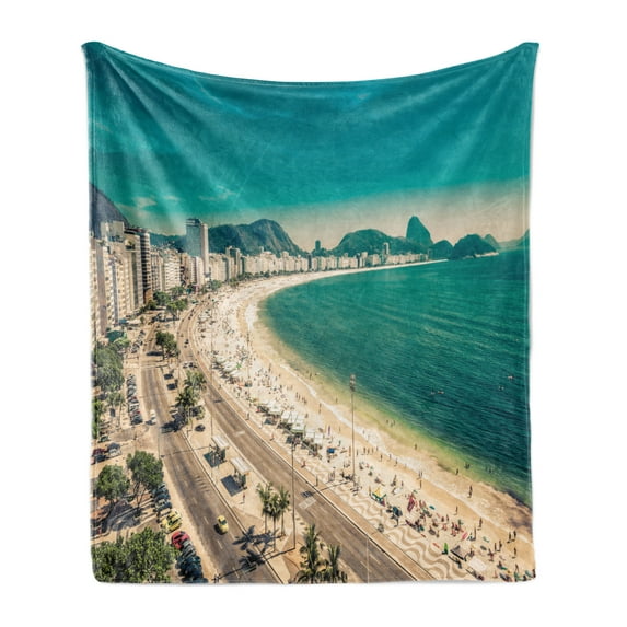 Vintage Beach Soft Flannel Fleece Throw Blanket, Copacabana Beach Ipanema Sugar Loaf Mountain in Rio Famous World Beaches, Cozy Plush for Indoor and Outdoor Use, 70" x 90", Multicolor, by Ambesonne