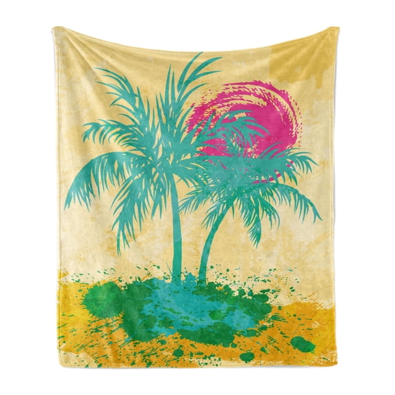 Vintage Beach Soft Flannel Fleece Throw Blanket, Grunge Illustration of Palm Trees Hot Sun Vibrant Tones, Cozy Plush for Indoor and Outdoor Use, 70" x 90", Pink Pastel Yellow, by Ambesonne