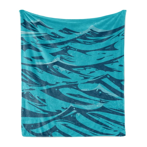 Vintage Beach Soft Flannel Fleece Throw Blanket, Illustration of Abstract Ocean Waves Coastal Blue Simplistic, Cozy Plush for Indoor and Outdoor Use, 50" x 60", Petrol Blue Dark Seafoam, by Ambesonne