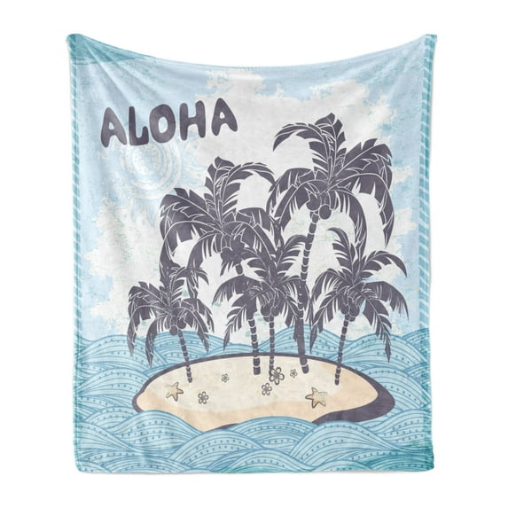 Vintage Beach Soft Flannel Fleece Throw Blanket, Illustration Aloha Themed Hawaiian Island Palm Trees, Cozy Plush for Indoor and Outdoor Use, 60" x 80", Pale Blue Purpleblue, by Ambesonne