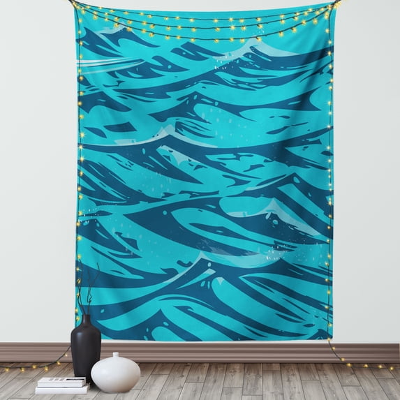 Vintage Beach Tapestry, Illustration of Abstract Ocean Waves Coastal Blue Simplistic, Wall Hanging for Bedroom Living Room Dorm Decor, 60"W X 80"L, Petrol Blue Dark Seafoam, by Ambesonne