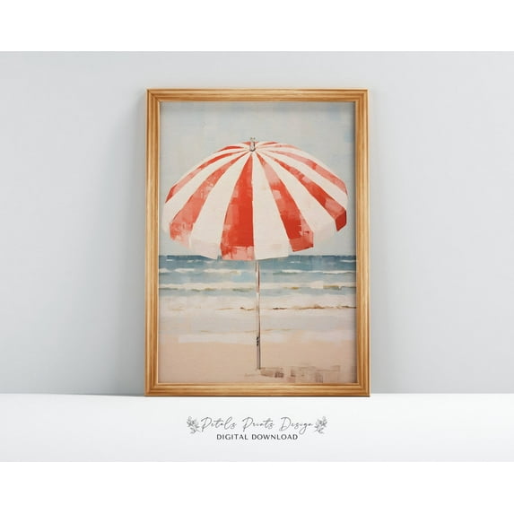 Vintage Beach Umbrella Print, Abstract Coastal Wall Art Home Decor #2055, Stretched Canvas Size 8x12