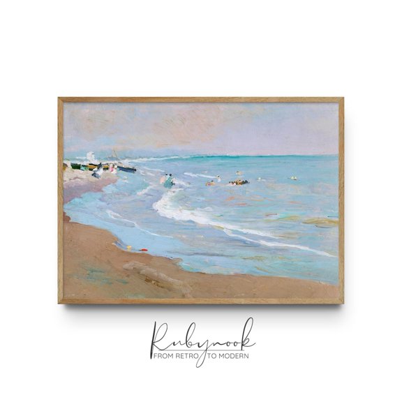 Vintage Beach Wall Art Coastal Ocean Scene Bathing People, UNFRAMED Size 24x24