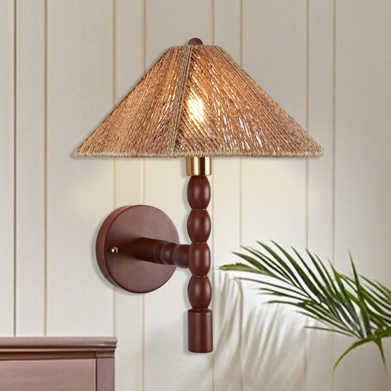 Vintage Beaded Arm Sconce Wall Lighting with Natural Renewable Jute Shade, Wall Sconce Hardwired Wall Lamp Fixture for Bedroom Bedside Hallway Living Room
