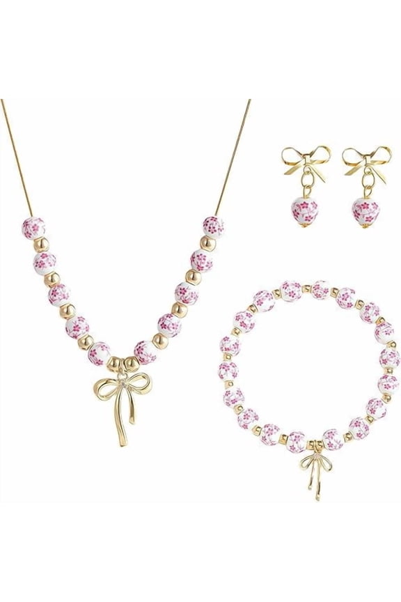 Vintage Beaded Jewelry Set for Women Porcelain Enamel Bow Necklace, Bracelet & Earrings for Daily Wear(RL Pink 1 Set)