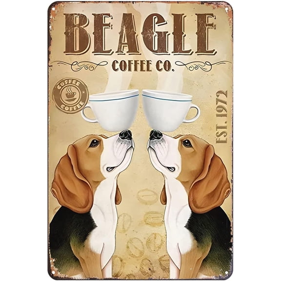 Vintage Beagle Dog Coffee Metal Wall Sign with Retro Decor Art for Kitchen Bar Restaurant Cafe 12 x 8 Inch