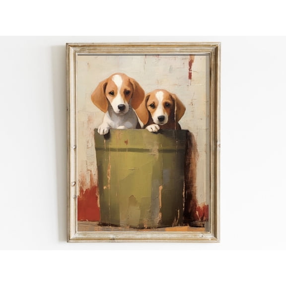 Vintage Beagle Puppiesvintage Art, Dog Lovers Decor, Distressed Rustic Style, Colorful Barrel Pups Wall Art, Modern Wall Decor, 8x12 UNFRAMED