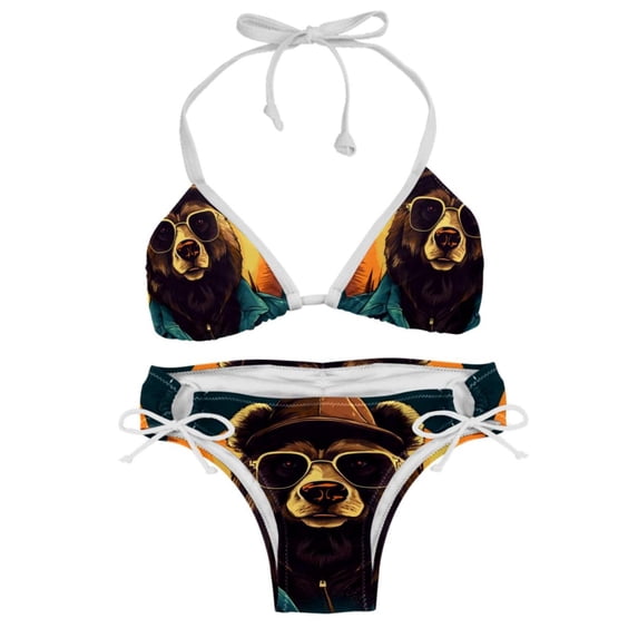 Vintage Bear Adjustable Strap Bikini Set with Detachable Sponge, Two-Pack - Ideal for Beach and Pool Parties