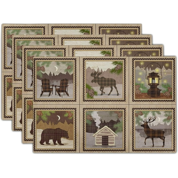 Vintage Bear Deer Placemats Rustic Wildlife Moose Forest Animal Cabin Lodge Lake Pine Cone Heat-Resistant Linen Table Place Mats Set of 4 for Dining Kitchen Country Camp Style Farmhouse Decor