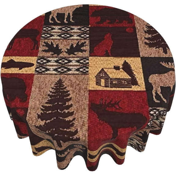 Vintage Bear Deer Tablecloth Round 60" Rustic Wildlife Elk Moose Cabin Lodge Forest Animal Tree Circular Table Cloth Cover for Dining Kitchen Parties Outdoor Farmhouse Country Style Decor