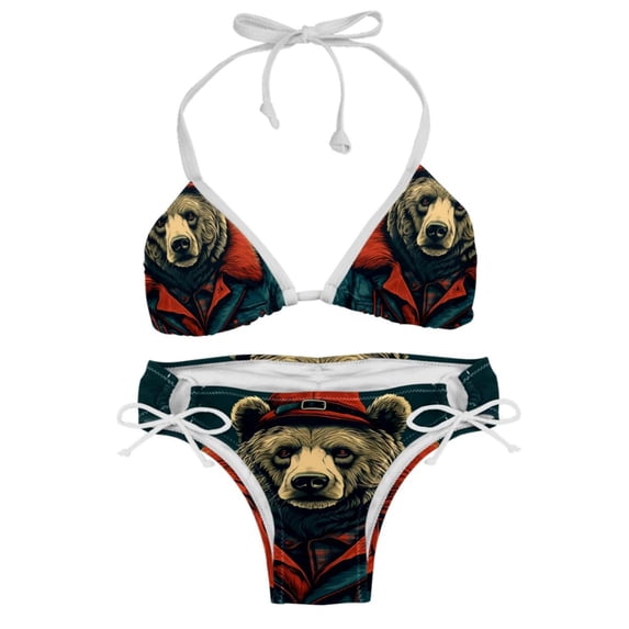 Vintage Bear Detachable Sponge Adjustable Strap Bikini Set Two-Pack - Ideal for Beach & Pool Parties