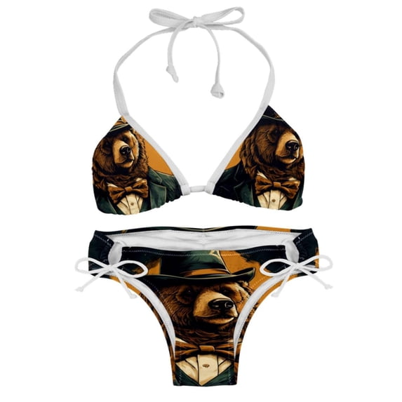 Vintage Bear Detachable Sponge Adjustable Strap Bikini Set Two-Pack, Ideal for Beach and Pool Parties
