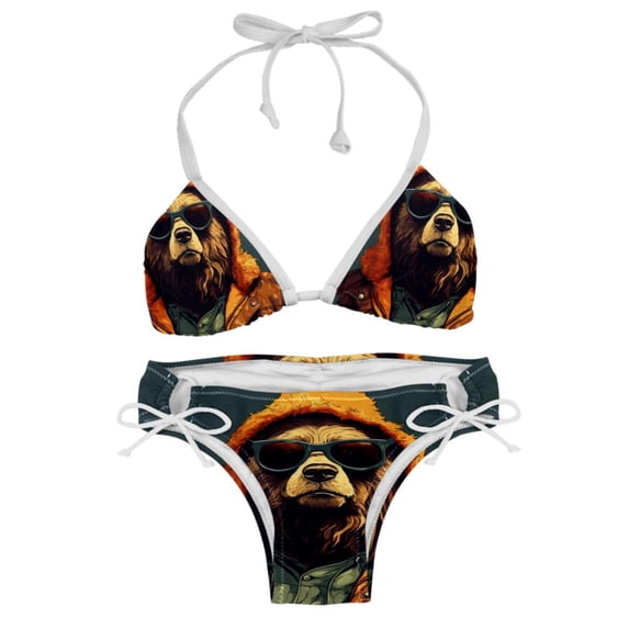 Vintage Bear Detachable Sponge Adjustable Strap Bikini Set Two-Pack Swimsuit Women Swim Suit