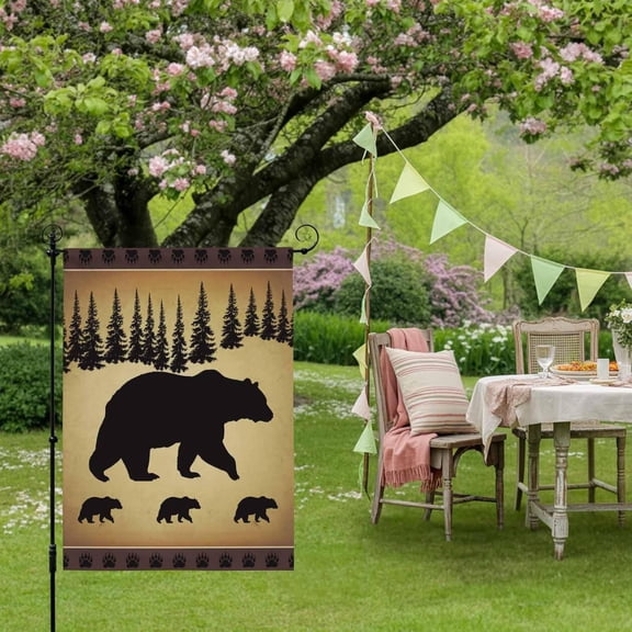 Vintage Bear Garden Flag, Black Pine Forest Retro Design, Double-Sided Weatherproof Outdoor Yard Flag, 12 x 18 Inches