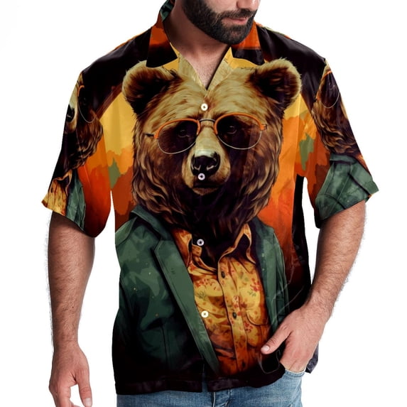 Vintage Bear Men's Hawaiian Button Down Short Sleeve Casual Printed Summer Beach Unisex Shirt