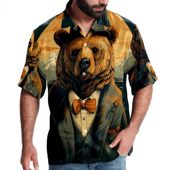 Vintage Bear Men's Poplin Shirt, Casual Short Sleeve Printed Button Down Summer Beach Unisex Shirts