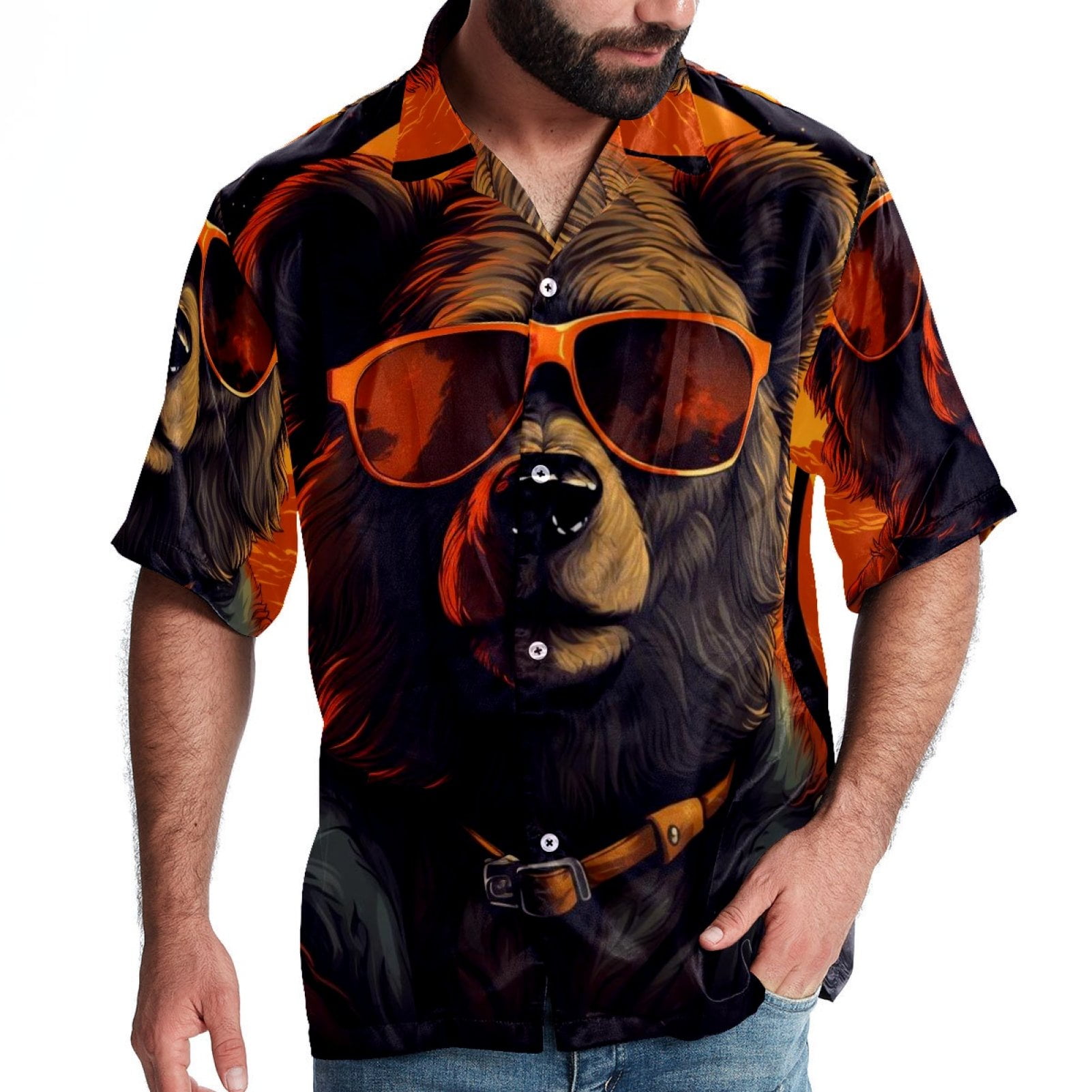 Vintage Bear Men's Short Sleeve Beach Shirts, Casual Printed Button