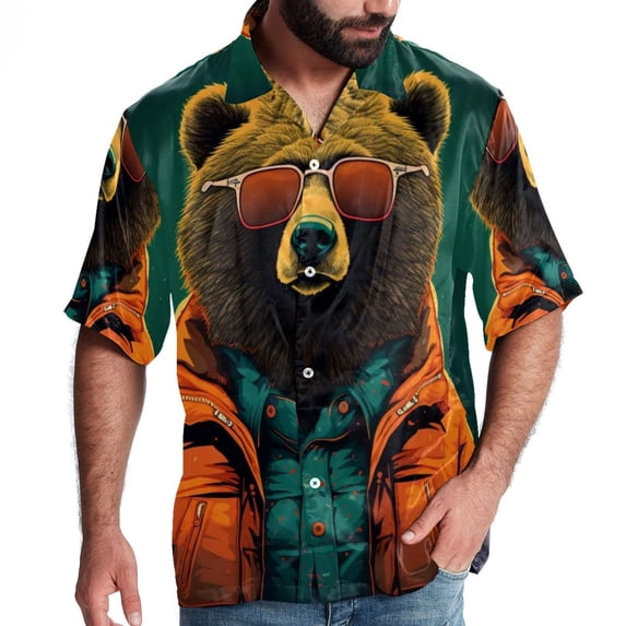 Vintage Bear Men's Short Sleeve Button Down Hawaiian Shirts for Summer Beach Casual Printed Style