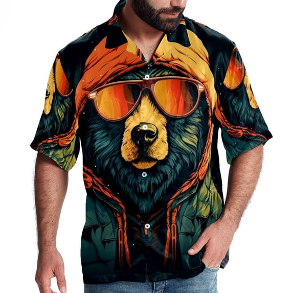Vintage Bear Men's Short Sleeve Poplin Button Down Shirts - Casual Printed Summer Beach Tops for Men