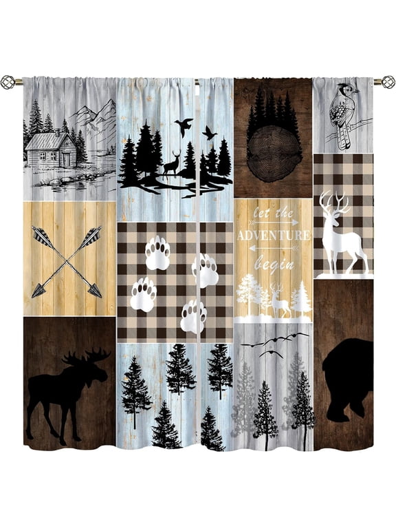 Vintage Bear Moose Curtains, Rustic Country Lodge Forest Silhouette Wood Panel Background Home Bedroom Living Room Kitchen Window Drape 28x40 Inch, Brown-2