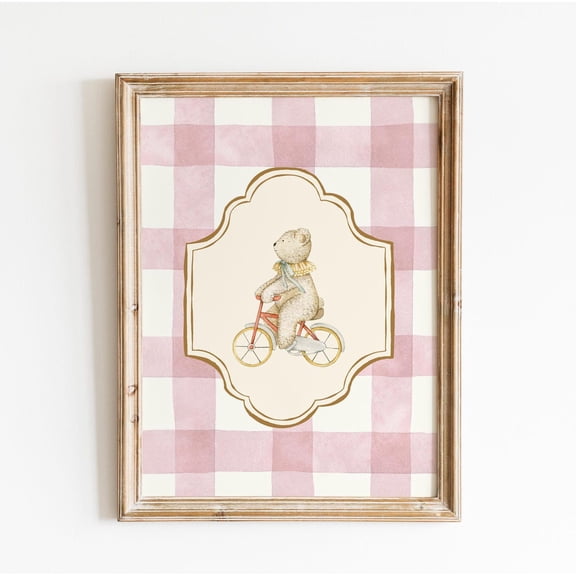 Vintage Bear Nursery Cottagecore Farm Animal Baby Girls Childrens Art, Stretched Canvas 8x10in