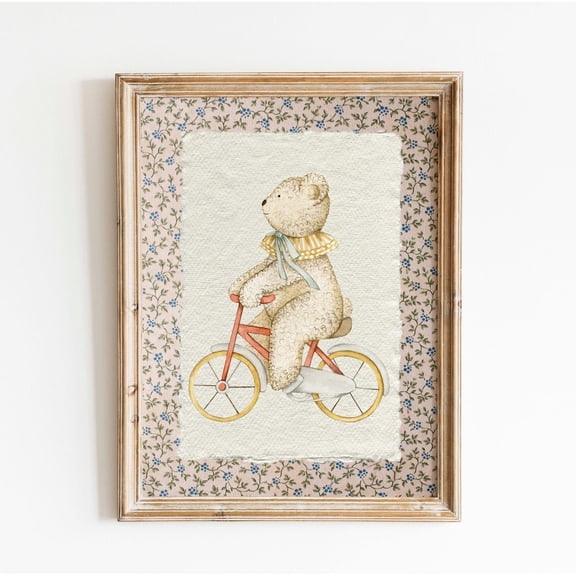 Vintage Bear Nursery Cottagecore Farm Animal New Baby Decor Print, Stretched Canvas 8x10in