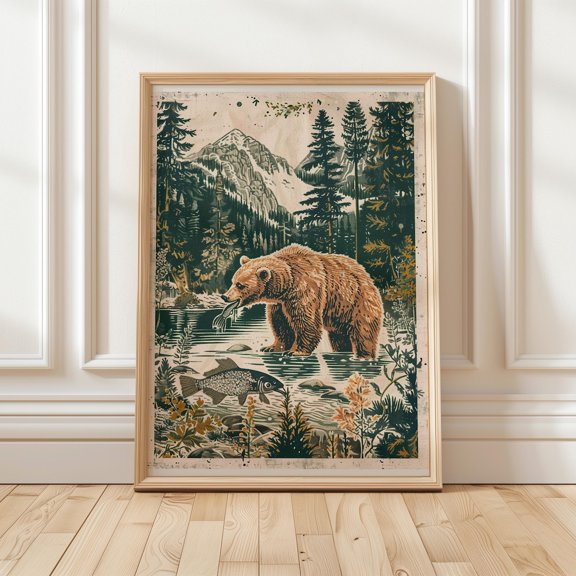 Vintage Bear Rustic Forest Wildlife Mountain Cabin Woodland Nature Illustration Poster Unframed Paper Print
