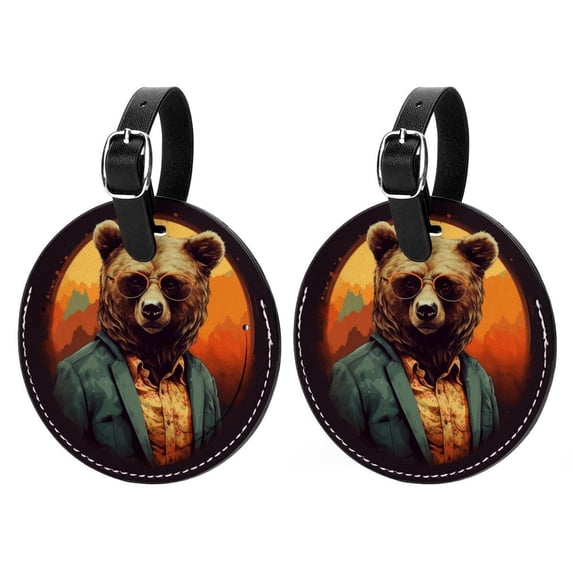 Vintage Bear Set of 2pcs PU Leather Round Suitcase Tags with Privacy Cover and Name ID Tag - Ideal for Travel Luggage, Handbags, Backpacks, School Bags