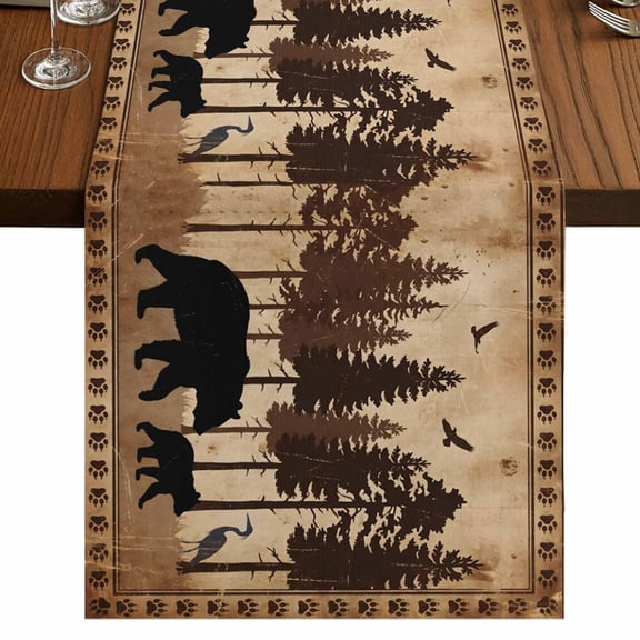 Vintage Bear Silhouettes Burlap Cotton Table Runner 13x70 Inches Long, Rustic Brown Wildlife Forest Farmhouse Table Runners, Outdoor Dining Table Decor for Baby Shower/Party/Wedding
