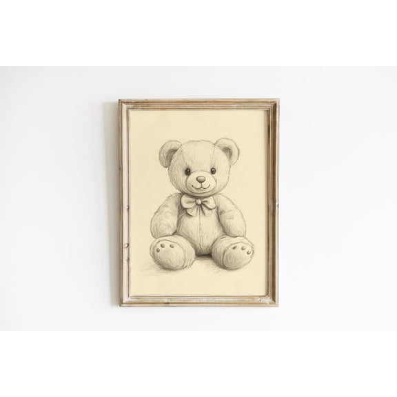 Vintage Bear Sketch Coquette Bow Poster, Unframed Size 8x12