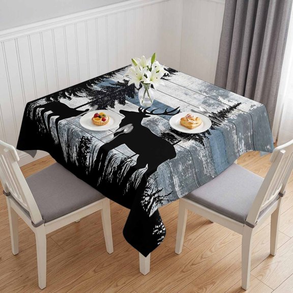 Vintage Bear Table Cloth Waterproof Tablecloths, Farmhouse Trees Mist Forest Wooden Grain Tablecloth Dining Table Cover for Kitchen Party Tabletop Outdoor, Square Tablecloth 54x54 Inch
