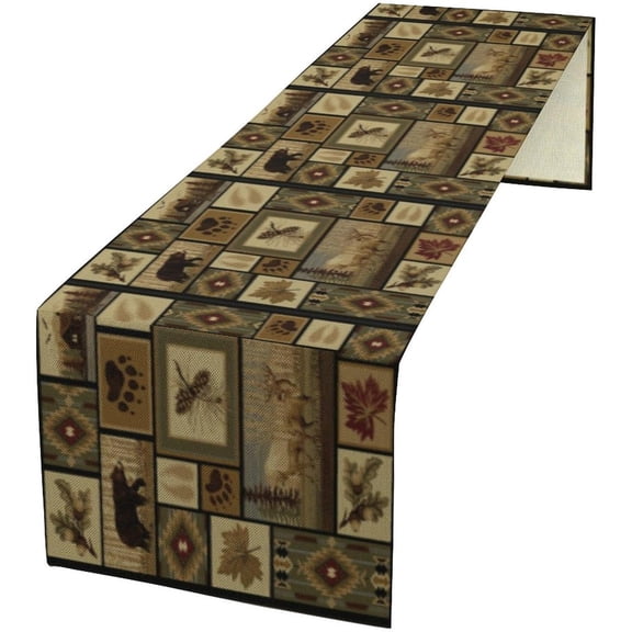 Vintage Bear Table Runner, Rustic Country Style Wildlife Moose Deer Animal Footprints Retro Ethnic Prints Table Cloth for Home Holiday Parties Kitchen Dining Room 13.8x71 Inch
