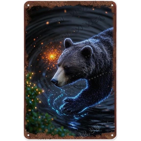 Vintage Bear Wall Art 8x12 Inch Rustic Metal Sign Black Background Decor for Forest Cabins, Camps, and Bars | Ideal Gift for Christmas or Housewarming Celebrations